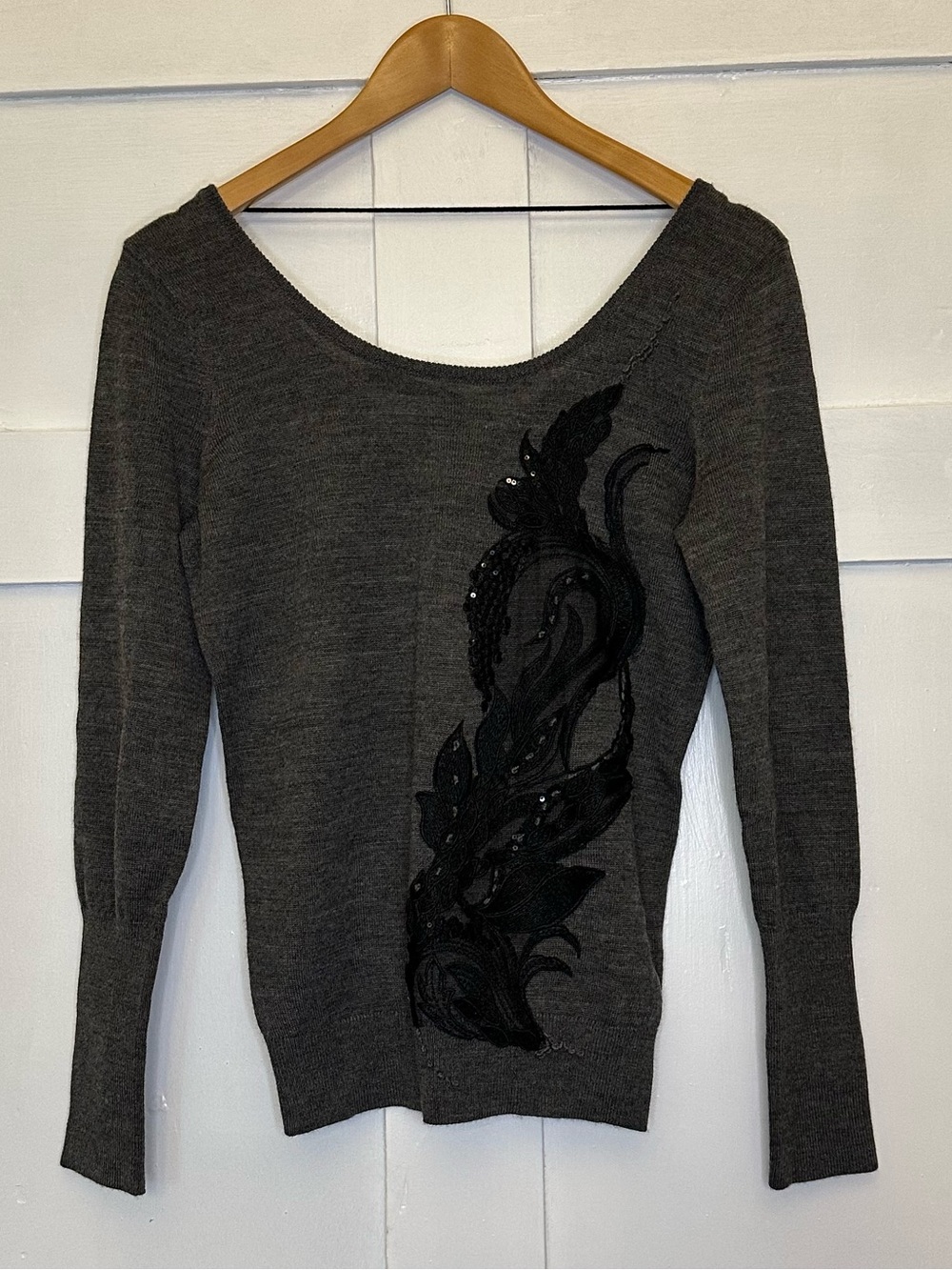 Anthropologie Angel of the North Dark Gray & Black Embellished Sweater Sz XS